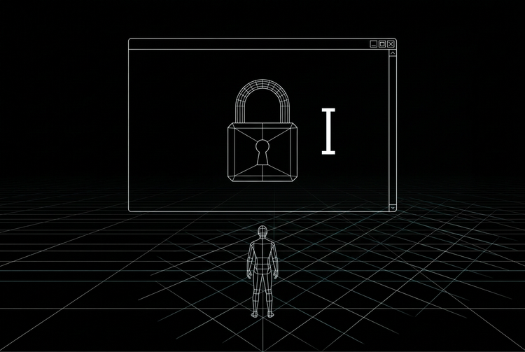 Wireframe terminal gate with a padlock on a grid floor